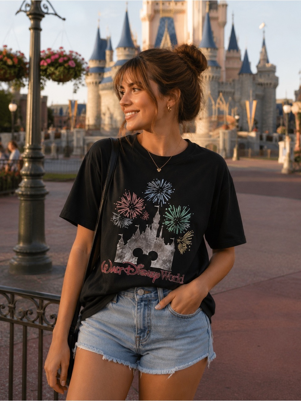 Walt Disney World Black Graphic Castle Fireworks Short Sleeve T-Shirt Medium